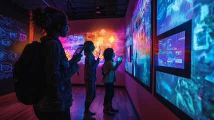 Fototapeta premium An engaging art display on a gallery wall invites viewers to interact with touch-responsive features that illuminate vibrant colors and produce captivating sounds.