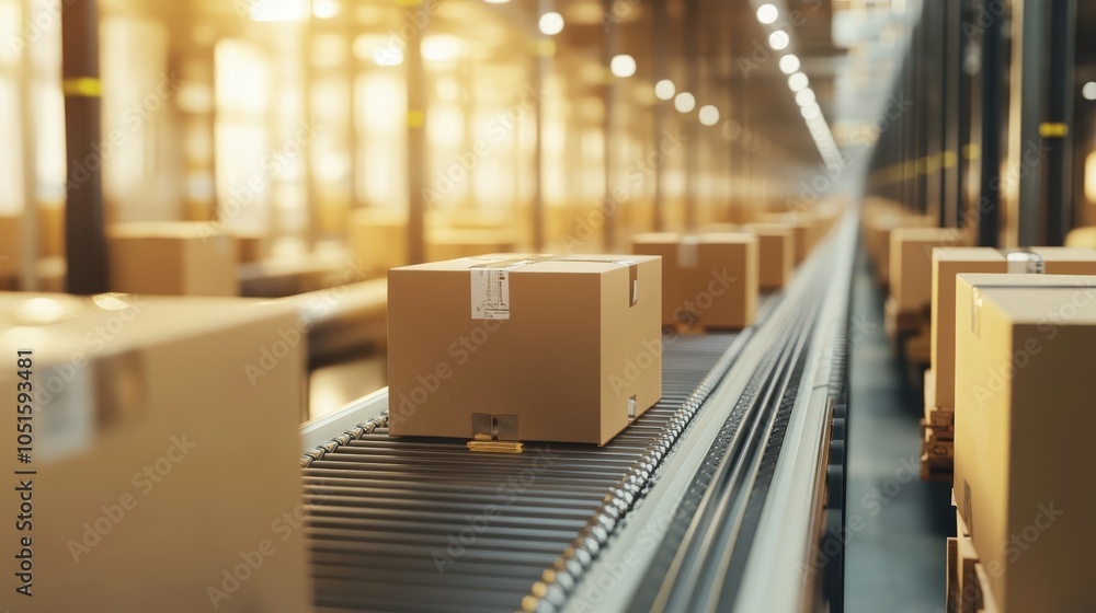 Poster automated conveyor system with cardboard boxes in a modern warehouse, visual representation of effic
