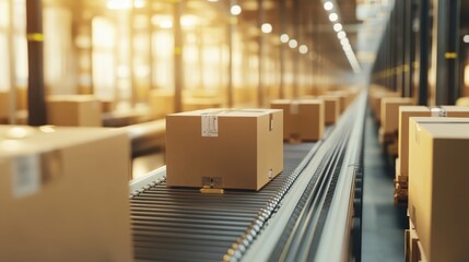 Automated conveyor system with cardboard boxes in a modern warehouse, visual representation of efficient logistics and distribution