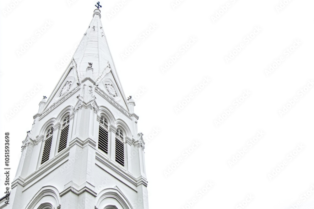 Poster a church steeple with a clock tower visible, possibly part of a gothic-style building
