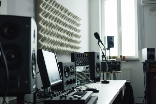 A typical office desk setup featuring a computer, monitor, keyboard, and speakers