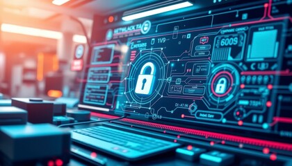 Obraz premium Futuristic Cybersecurity Interface with Digital Lock Symbol – High-Tech Data Protection Concept