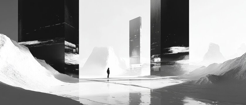 Geometric forms suspended in an expansive void, minimalist aesthetic with bold shapes and negative space, creating a surreal, abstract landscape that evokes simplicity and balance