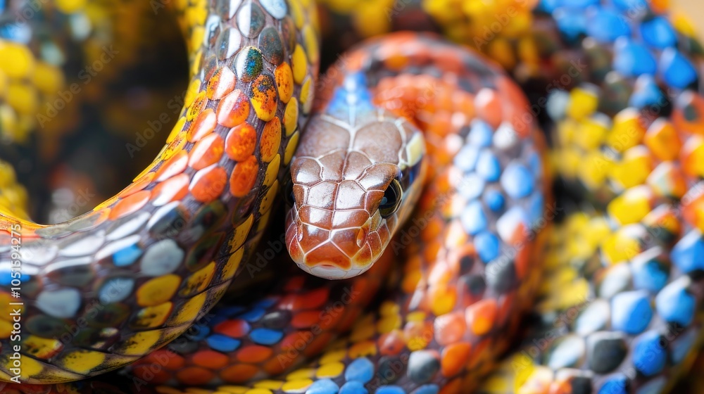Poster a close-up view of a colorful snake's head with vibrant scales and a sharp tongue