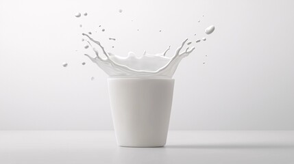 Dynamic milk splashes in a glass, accompanied by a sleek milk carton design and droplets on a white backdrop.