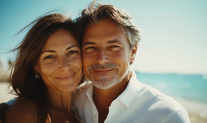 Obraz premium Happy mature couple embracing on a sunny beach, Generative AI