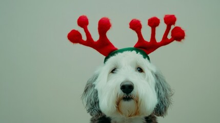 Festive Dog Wearing a Green Headband with Red Reindeer Antlers Decorated with Stitched Seams and Red Pompoms in a Christmas-Themed Scene