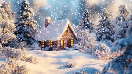Cottage in winter wonderland, a serene escape in snowcovered forest