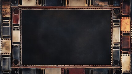 Obraz premium A textured black background with a frame of old film strips.