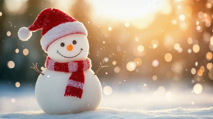 Whimsical snowman in red hat and scarf, a festive icon of winter cheer holiday spirit