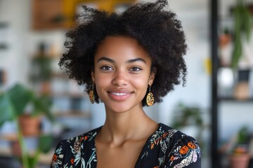 Fototapeta premium Confident black woman with afro hair smiling in a startup office, Generative AI