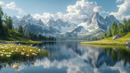 Fototapeta premium Serene mountain range reflected in a calm lake, surrounded by wildflowers.
