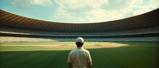 Back view of cricket player standing in middle of field, observing game in packed stadium, as sunlight illuminates the scene. Banner