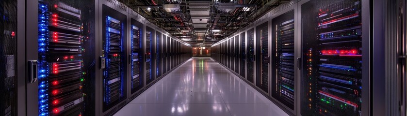 Fototapeta premium Navigating the digital frontier, an insightful glimpse into a highpowered server room