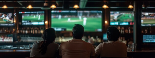 Group of cricket fans watching live cricket match on multiple screens in dimly lit bar, creating atmosphere of anticipation and support
