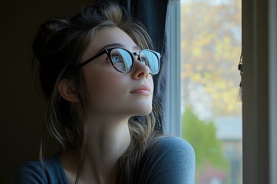 A woman wears glasses and looks out a window, possibly thinking or daydreaming