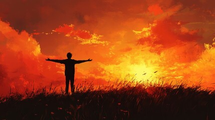 Fototapeta premium Silhouette of a figure standing on a hill at sunset, arms outstretched, embracing the beauty of the moment.