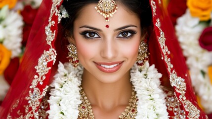 Fototapeta premium Beautiful Indian Bride in Red Sari with Jewelry and Flowers