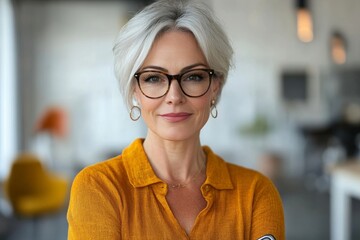 Portrait of a mature businesswoman holding a mobile phone in a creative office, Generative AI