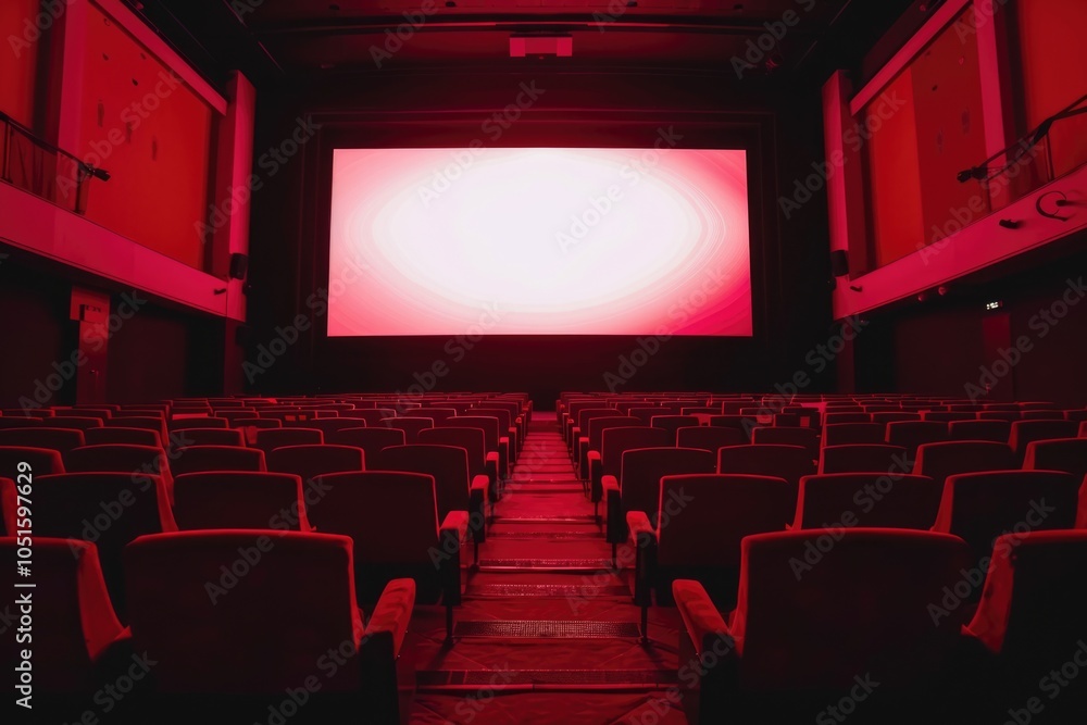 Poster A theater interior with rows of empty seats and a large screen