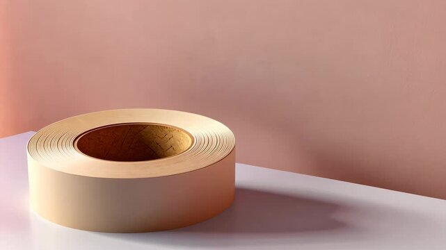 A roll of brown tape sits on a white surface against a pink background