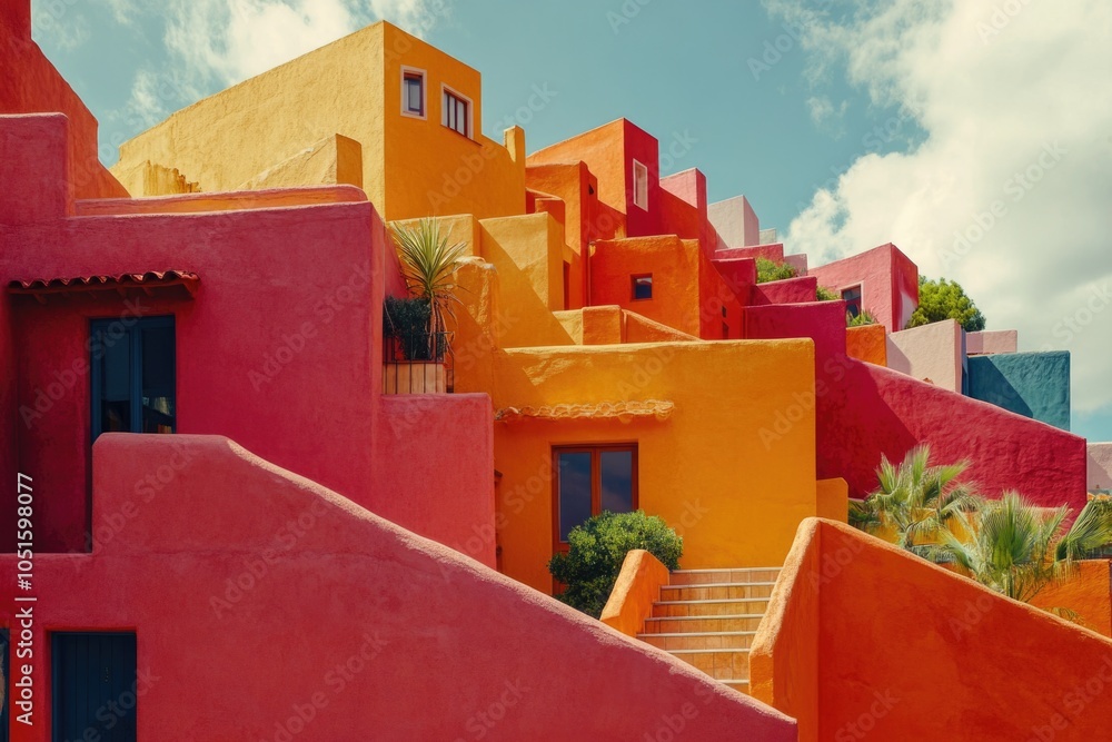Aufkleber a vibrant building with multiple levels and staircases, perfect for use in illustrations or architec