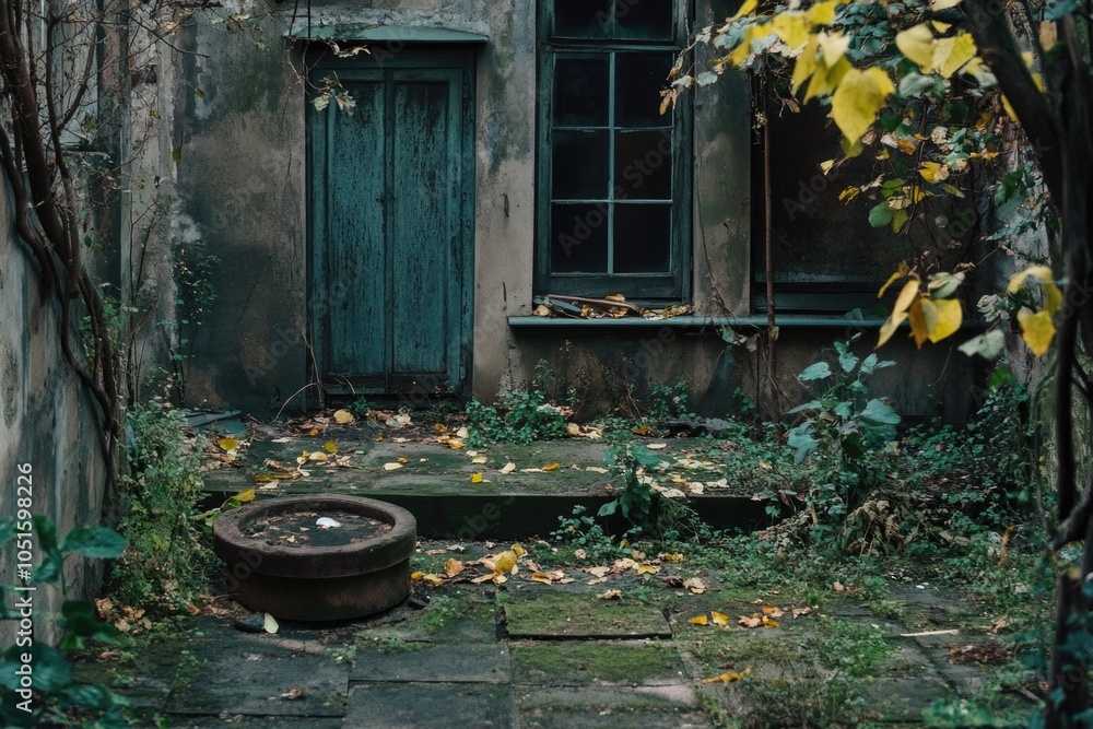 Poster a classic structure with a unique green door and window, suitable for historical or vintage-themed c