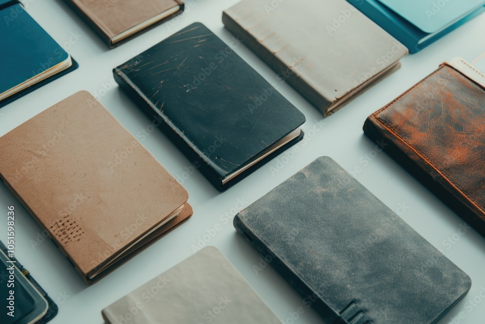 Poster A collection of leather-bound notebooks placed neatly on a table