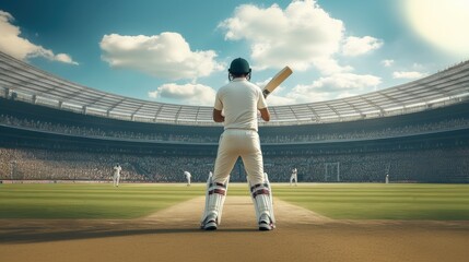 Naklejka premium Back view. Cricketer standing on open air stadium, ready to strike ball during live match in vast, packed stadium. Precision and technique.