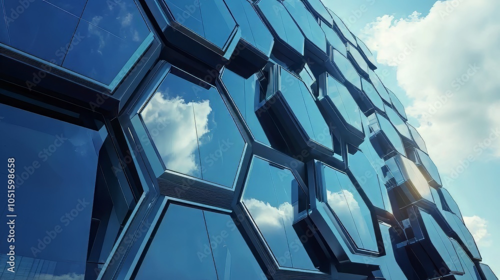 Poster ultra-realistic photorealistic office buildings with hexagon window structure, futuristic tech netwo