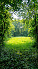 Obraz premium serene view of lush green meadow framed by trees, creating peaceful and inviting atmosphere. sunlight filters through leaves, illuminating vibrant grass