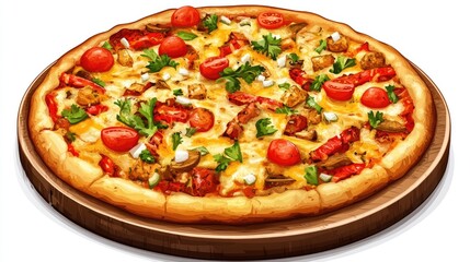 A delicious pizza with chicken, red peppers, tomatoes, and cheese on a wooden board.