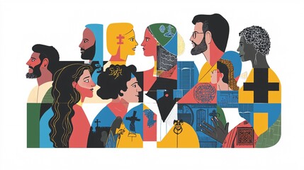 Illustration of a synod concept featuring diverse individuals in discussion, set against symbolic motifs on a white background.