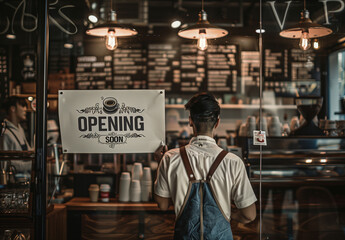 A man holding up an VECTOR sign with the text "OPENING SOON"