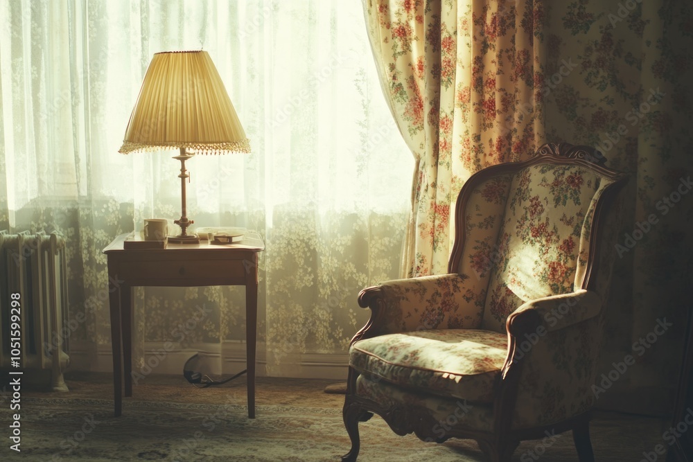 Poster a chair and a table are placed in a room with a neutral background
