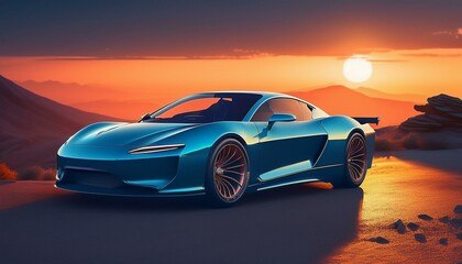 Font of a blue sport luxury car in sunset light