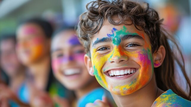 Students cheering at a school event, faces painted in vibrant colors, embodying school spirit and excitement.