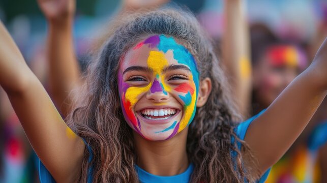 Students cheering at a school event, faces painted in vibrant colors, embodying school spirit and excitement.