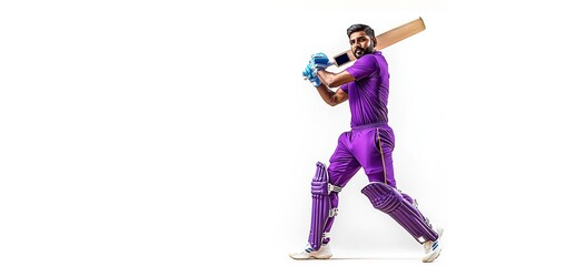 Man, cricket player wearing purple uniform, preparing for swing, showcasing focus and determination before delivering powerful hit.