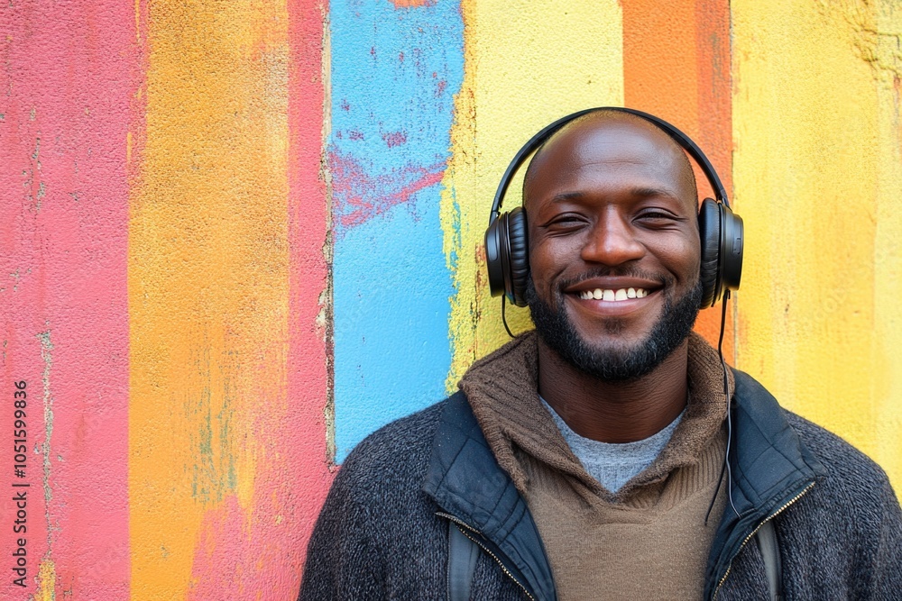 Poster a person wearing headphones stands in front of a vibrant and lively wall, ideal for use as a backgro