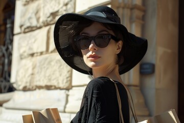 A woman wearing a black hat and sunglasses carries multiple shopping bags, possibly returning from a retail outing