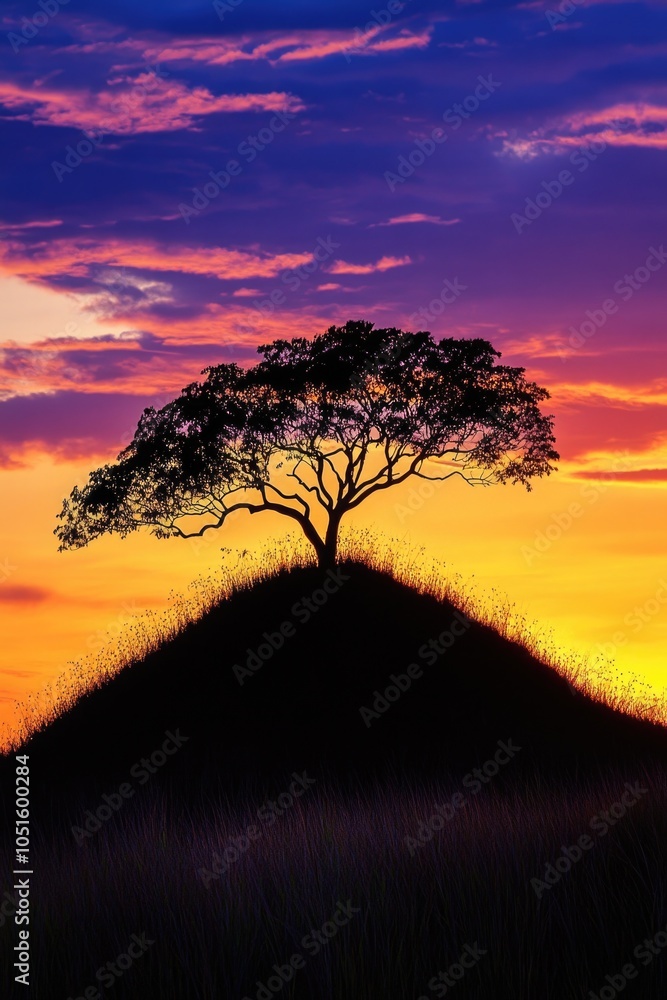 Poster a single tree stands tall on a hillside as the sun sets behind it, casting a warm glow