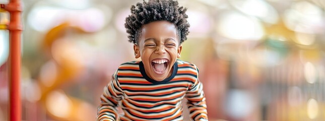 Obraz premium Joyful child laughing while playing in a colorful indoor playground.