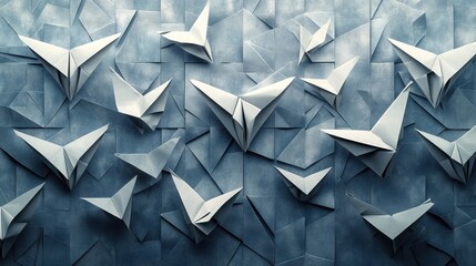 Fototapeta premium Stylized depiction of origami pieces arranged in a pattern, emphasizing the art and precision of Japanese paper folding.