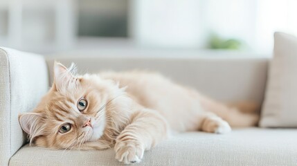 Relaxed cat lounging on a sofa, bright and comfortable indoor setting.