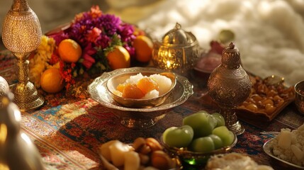 traditional novruz- nevruz  holiday table with flowers