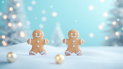 Two gingers brave the cold winter snow upon a white background 