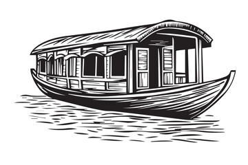 Indian Houseboat Illustration in Vintage Black and White Woodcut for Travel Art