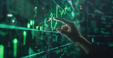 Businessman touching growth graph arrow going up with hologram icon rising and growing line chart on virtual screen