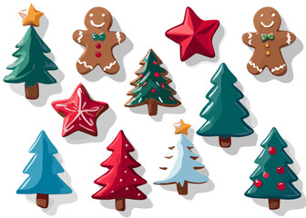 Christmas Vector Sticker Collection: Gingerbread Men, Colorful Trees, and Stars icons for Holiday Crafts